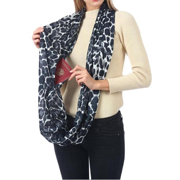 

winter print warm loop zipper leopard printing secret pocket infinity scarf shawl ring portable winter autumn scaves, Blue;gray