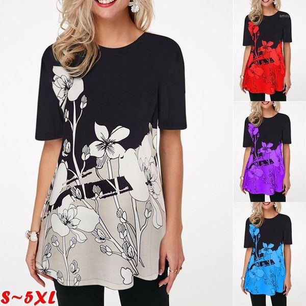 

women's t-shirt women's summer loose round neck short sleeve floral printed pullover casual long shirt cozy 1, White