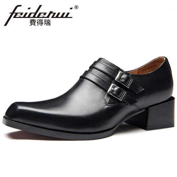 

vintage genuine leather formal dress men's monk strap footwear square toe handmade high heels man wedding party shoes hqs3481, Black
