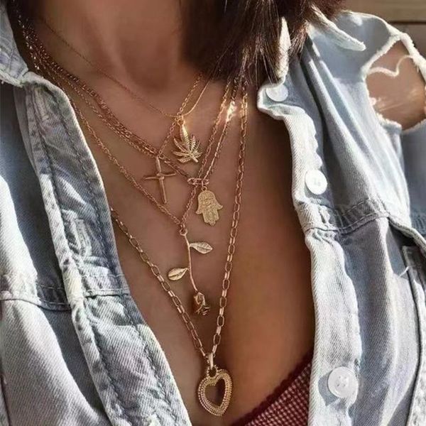 

панк многослойная ожерелья подвески женский bohemian golden rose листья ладони крест сердце ожерелье 2020 boho аксессуары подарочные, Silver