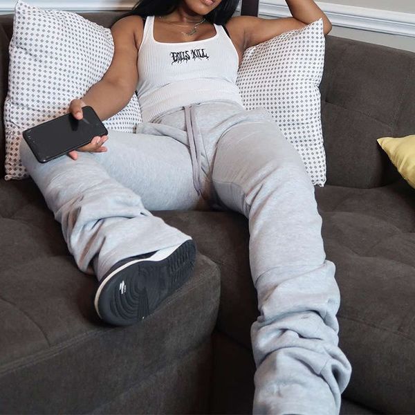 

autumn / winter 2020 women's new high waist stack warm casual pants, Black;gray