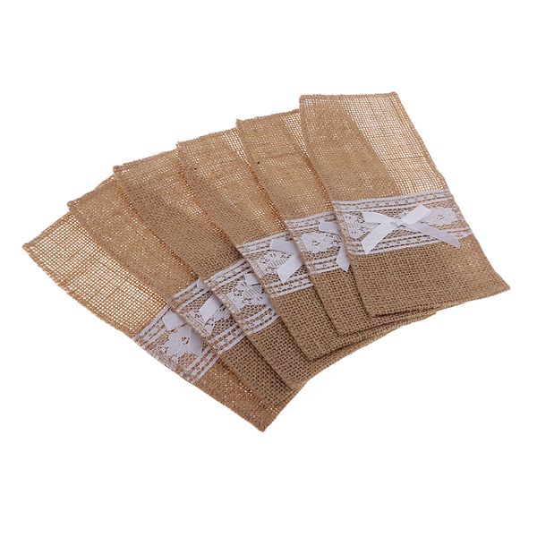 

6pcs rustic burlap lace knifes forks holders cutlery pouch bag tableware