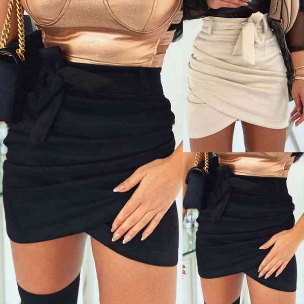 

fashion casual solid women suede bodycon pencil ladies party cocktail lace-up high waist sashes mini skirt streetwear, Black