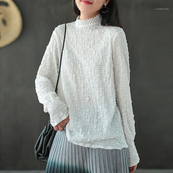 

johnature autumn winter retro all-match half high collar bottoming t-shirt 2020 new simple comfortable long sleeve women 1, White