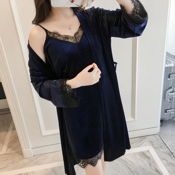 

lounge 2pcs kimono bathrobe gown female velour nightwear sleep set lace sleepwear home clothes casual nightgown negligee, Black;red