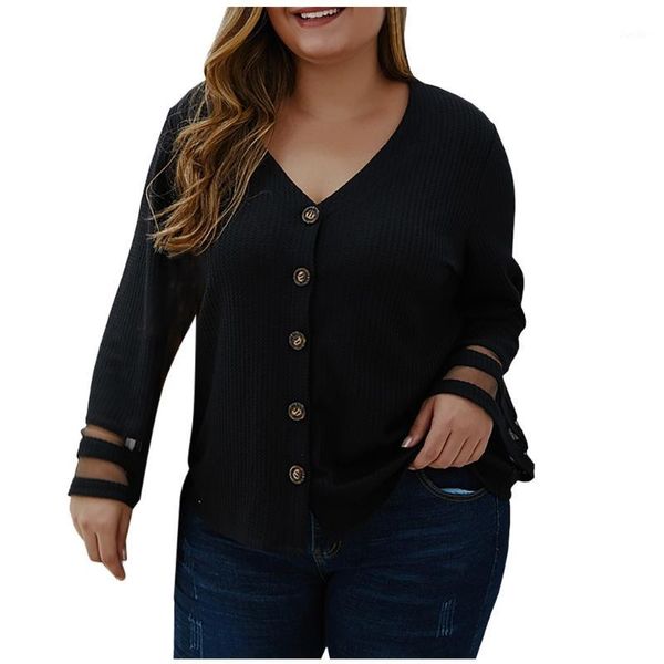 

women v-neck plus size mesh long sleeve solid color breathable elasticity button casual t shirt women new t-shirts1, White