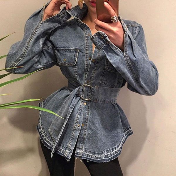 

korean spring blue coat denim jackets women 2020 vintage female ladies loose casual jeans jacket waist belt outerwear nzy64, Black;brown
