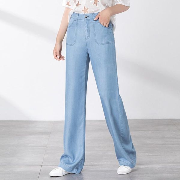 

wide women casual loose leg denim pants fashion vintage trousers high waist straight boyfriend jeans, Blue