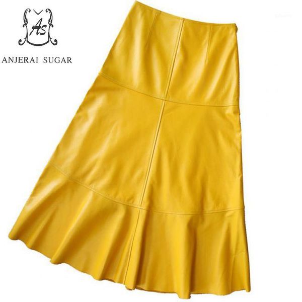 

autumn winter genuine leather skirts womens yellow high waist splicing sheepskin dermis office a line super long horn skirt1, Black