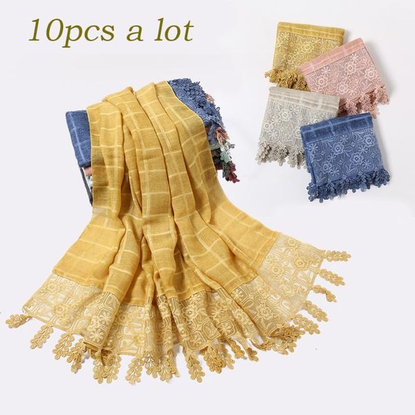 

women embroidered tie-dyed cotton scarf plain floral tassel scarves shawl muslim women hijab plaid cotton hijab wrap 10pcs/1lot, Blue;gray