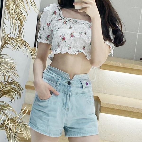 

spring summer women daisy embroidered denim shorts high waist shorts1, White;black