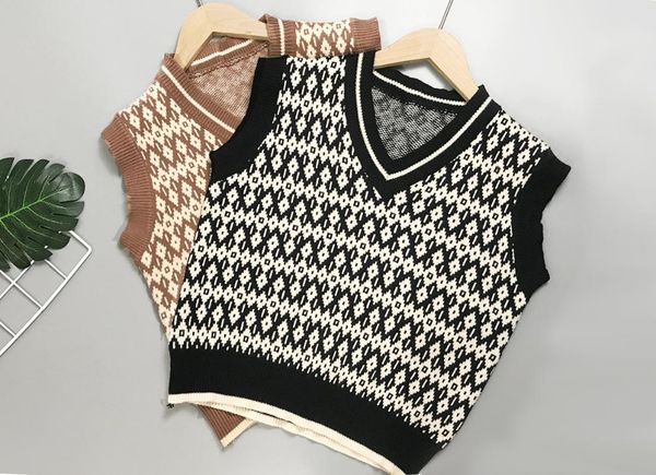 

women autumn trendy casual vest sleeveless v-neck loose sweet style rhombus printed sweater for ladies wild streetwear, Black;white