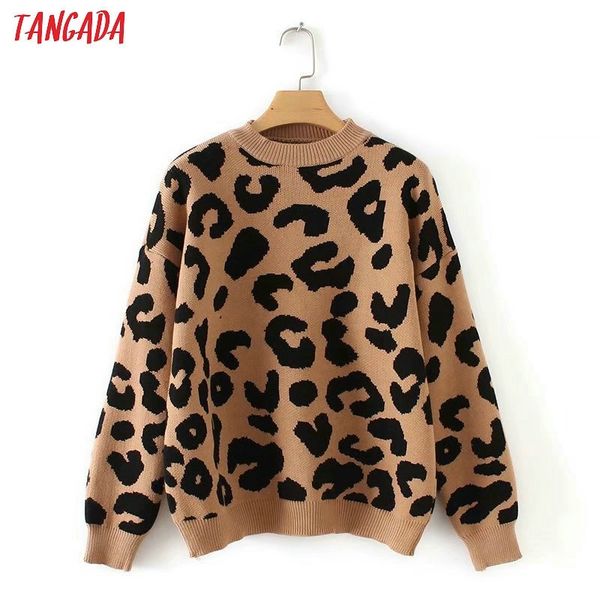 Tangada женщины леопардовый вязаный свитер зима животных печати зима толстые длинные рукава женские пуловеры повседневные вершины 2x05 201023