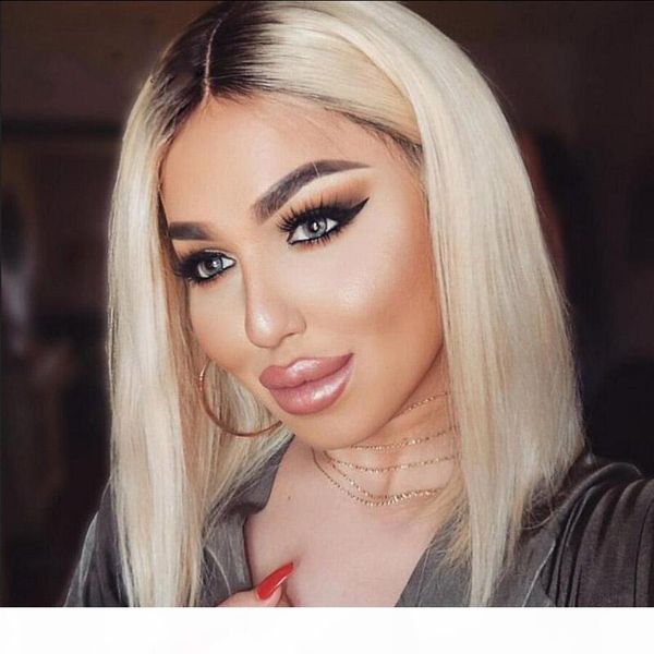 

short ombre glueless full lace human hair wigs two tone peruvian blonde dark root human hair ombre lace front wig, Black;brown