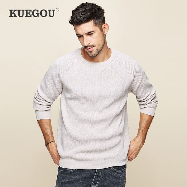 

kuegou autumn cotton plain stripe sweater men pullover casual jumper for male wear brand knitted korean style clothes 12660 201022, White;black