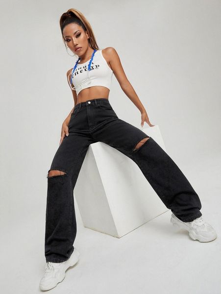 

high waist ripped straight leg jeans y0uo#, Blue
