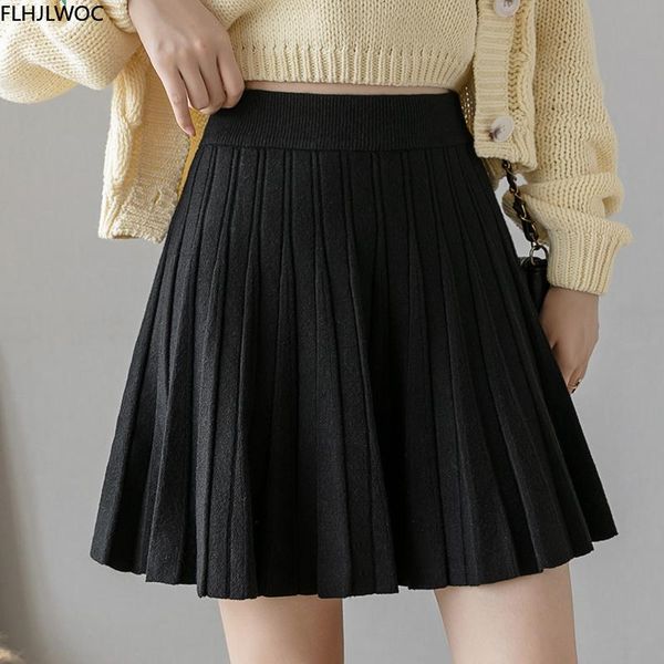 

skirts a line mini autumn winter cute sweet preppy style girls womens solid black high waist knitted skirt