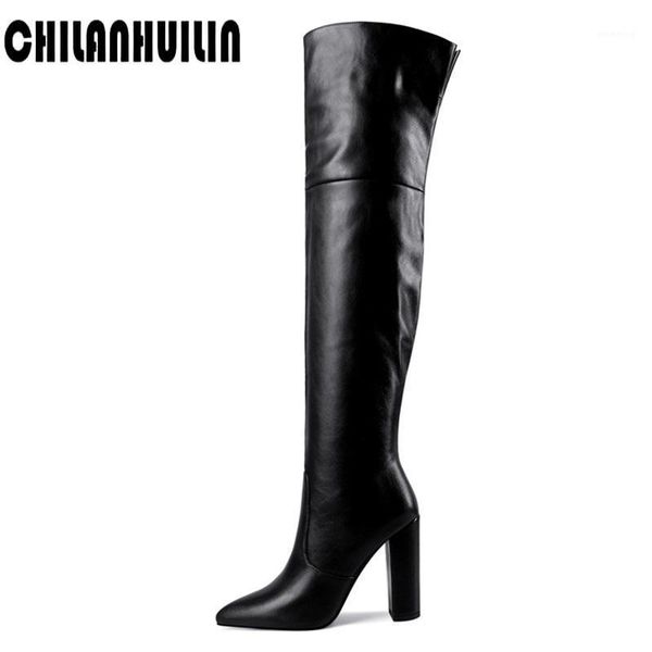 

boots women thigh high for pointed toe block heel over the knee 2021winter long brown shoes boot1, Black