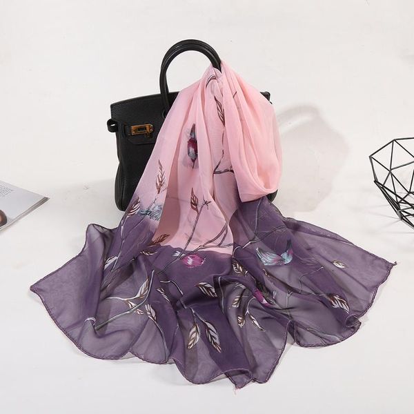 

summer new style printed chiffon small silk women's long scarf versatile thin flower gauze kerchief, Blue;gray