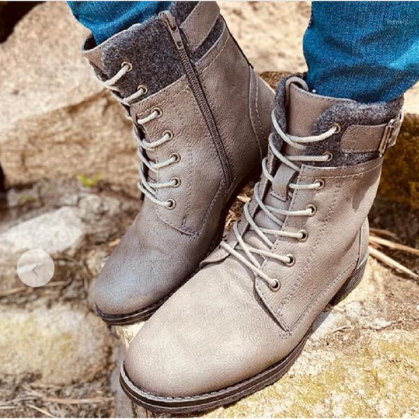 

boots women motorcycle lace up zipper ankle low heels platform autumn winter punk ladies shoes botines mujer1, Black