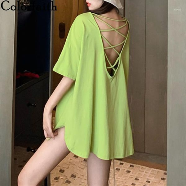 

colorfaith new 2020 women summer t-shirts bottoming 3 colors casual fashionable loose hollow out cross backless t17671, White