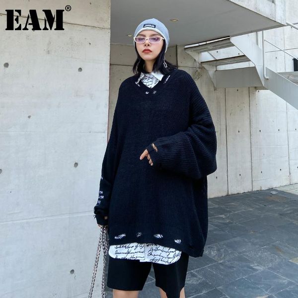 

[eam] black letter big size knitting sweater loose v-neck long sleeve women pullovers new fashion autumn winter 2020 1db872, White;black