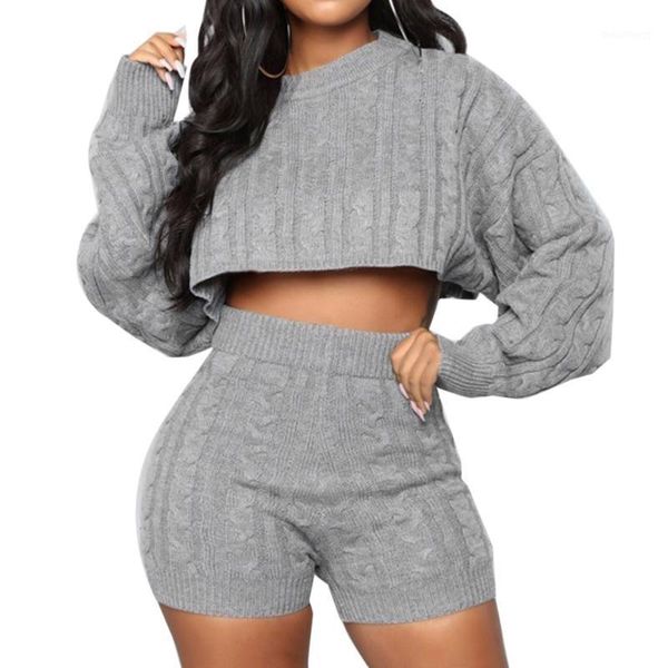 

new knitted suits for women two piece set autumn winter outfits long sleeve knit sweater and bodycon shorts suit1, White