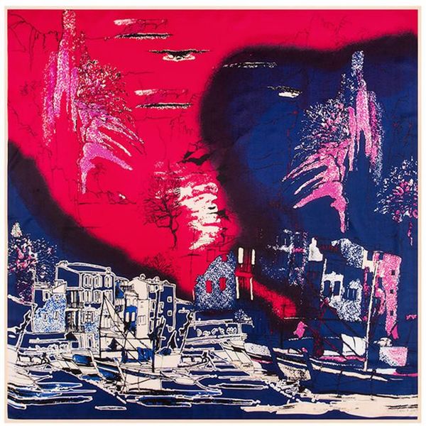 

100% silk scarf women city sky ship print neckerchief female foulard square scarves office lady headband muslim wrap shawl sqcbsf, Black