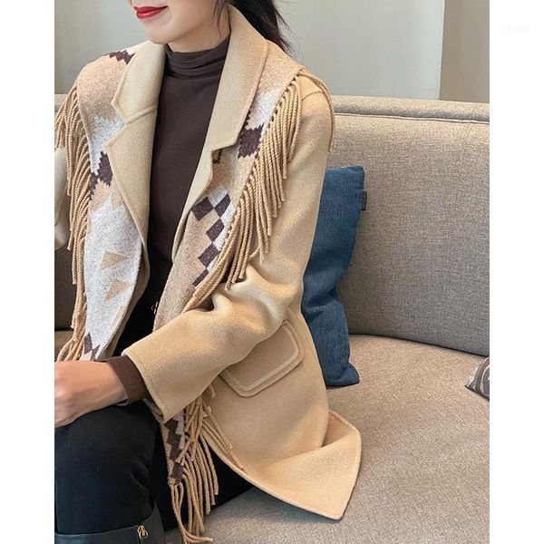 

new 2021 autumn woolen coat women plus size korean wool coat long sleeve tassel jacket women wool & blends1, Black