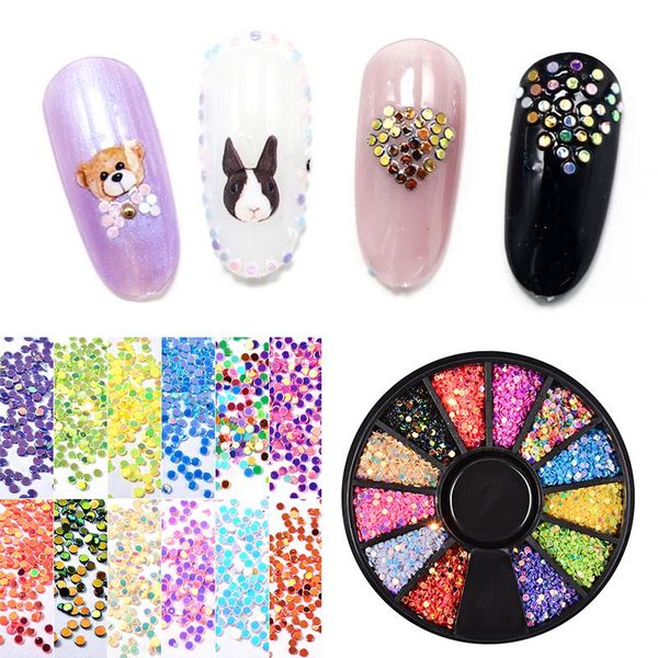 

12 cells laser round nail glitters sequins colorful nail flakes sticker 3d diy holographic wheel for manicure accessories, Silver;gold