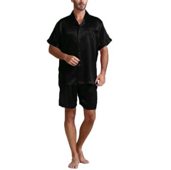 

men fahion summer 2pcs pajamas suits sets satin silk short sleeve sleepwear nightwear homewear +pants, Black;brown
