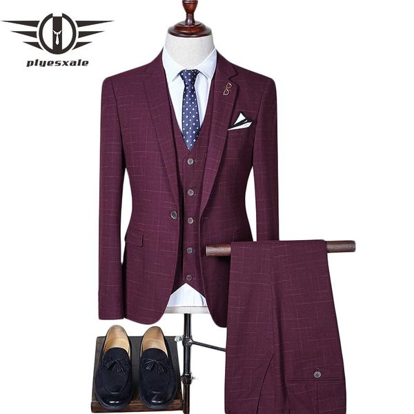 

plyesxale men suits for wedding 2020 slim fit men's suits formal navy blue burgundy tuxedo jacket brand 3 piece plaid suit q274, White;black