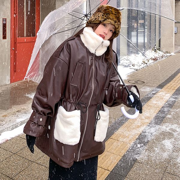 

2021 women's leather jacket winter korean retro plus velvet thick skin lining rabbit loose stitch lapel pu motorcycle coateta 3q 7mlt, Black