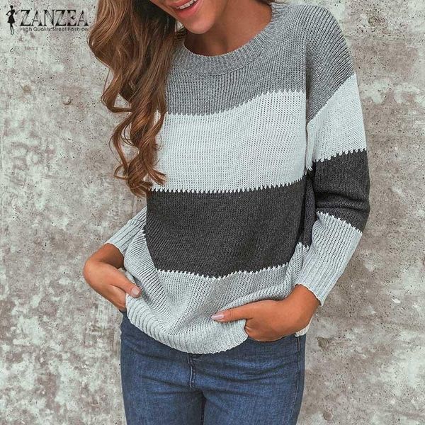 

zanzea stylish long sleeve striped sweaters women autumn sweater casual kintwear loose jumper femme knitted pullover1, White;black