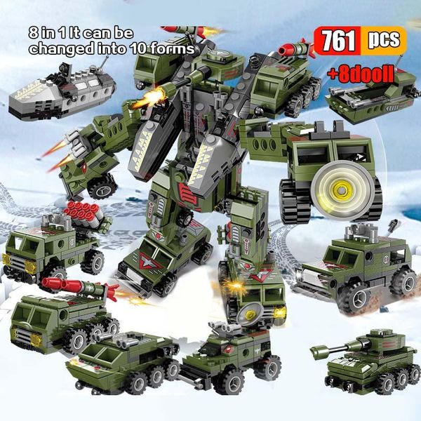 

761pcs 8in1 militaty missile series building blocks deformation robot car military vehicle tractor tank toys bricks for children wmtefn