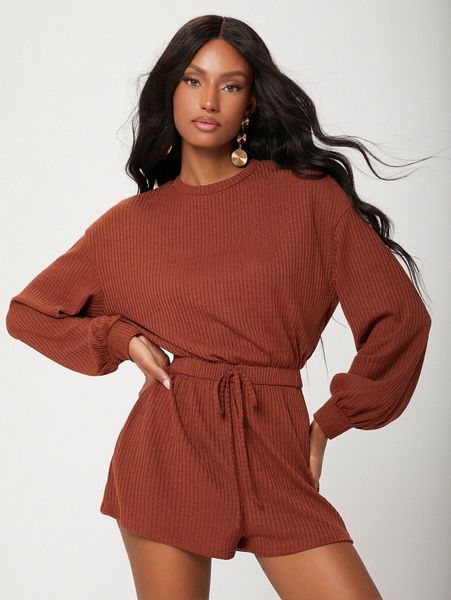 

ribbed knit drop shoulder knotted front romper v99o#, White