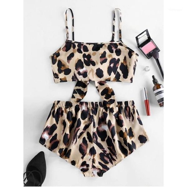 

bow short two piece set strappy leopard print crop and shorts fashion loose sets summer clothes for women suit jg31, White