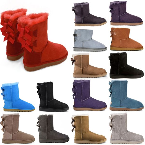 

designers snow boots woman classic with fur bows shoes womens girl lady winter bow knee high flat ankle platform trainers 35-42, Black