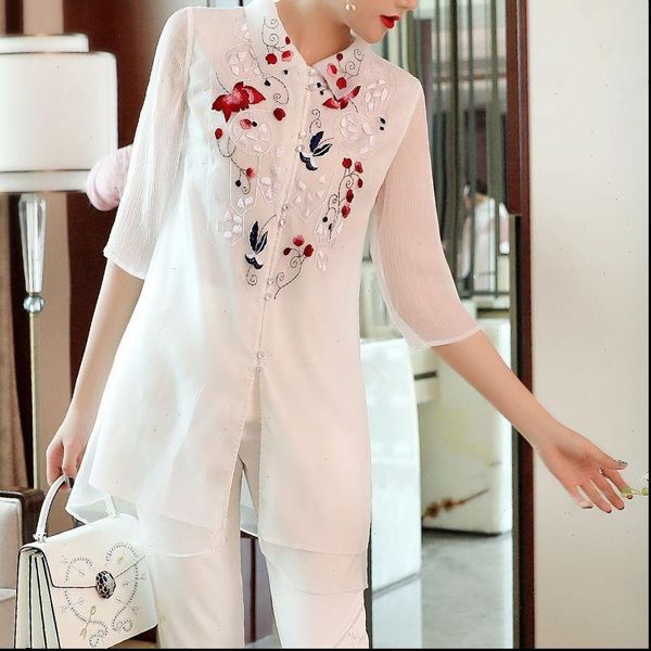 

chinese style summer retro shirt improved cheongsam new tang suit women turn down collar floral half sleeve blouse and top, White