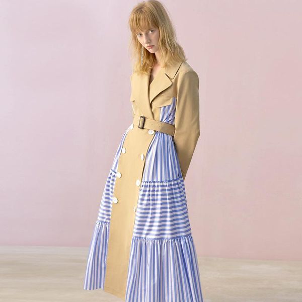 

women's trench coats 2021 fashion casual double breasted striped long coat with belt patchwork windbreaker women, Tan;black