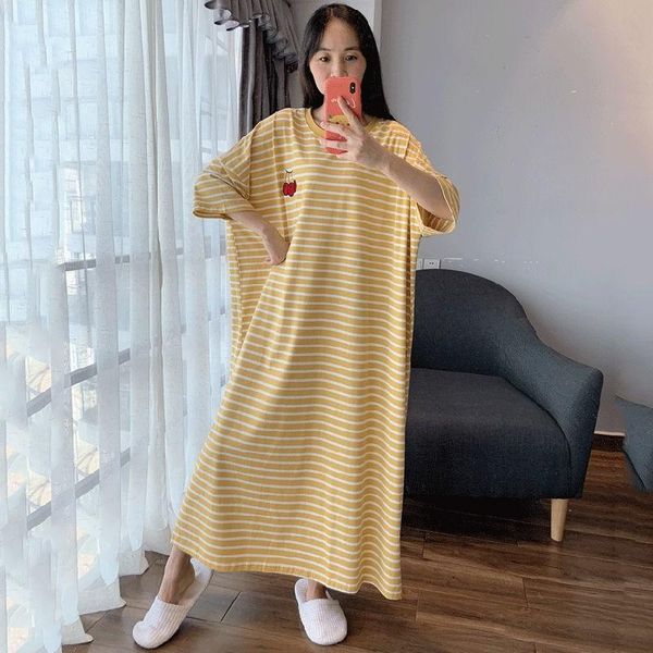 

plus size 6xl women cotton nightwear sleep dress short sleeve homewear nightdress long nightgown striped home dressing gown, Black;red