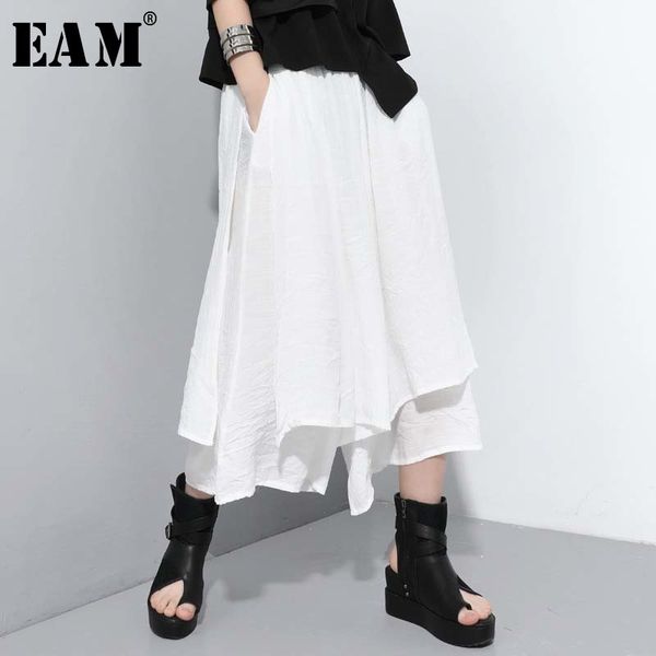

eam] high elastic waist white brief long wide leg trousers new loose fit pants women fashion tide spring summer 2020 1u734 1017, Black;white