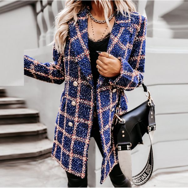 

spring autumn women's new long-sleeved lapel printed woolen coat female fashion striped plaid print slim overcoat oversize q1219, Black