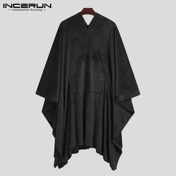 

incerun men solid color cloak bathrobes leisure v neck loose sleep robes man flare sleeve plush homewear comfortable lounge 5xl1, Black;brown