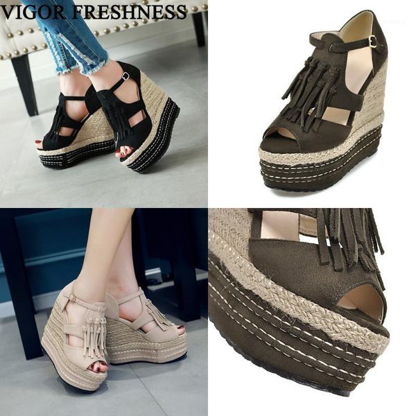 

sandals vigor freshness women wedges heels 13cm woman shoes platform lady dress summer tassel my4301, Black