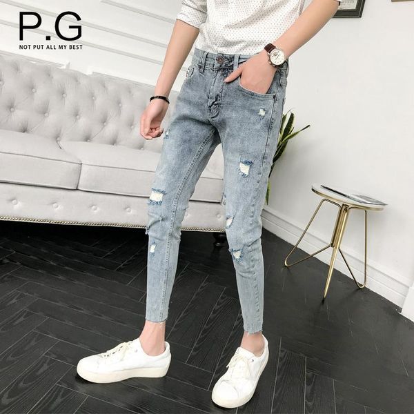 

wholesale men's summer thin skinny ripped cropped trousers slim-fit small-footed jeans male korean tight beggar pencil pants, Blue