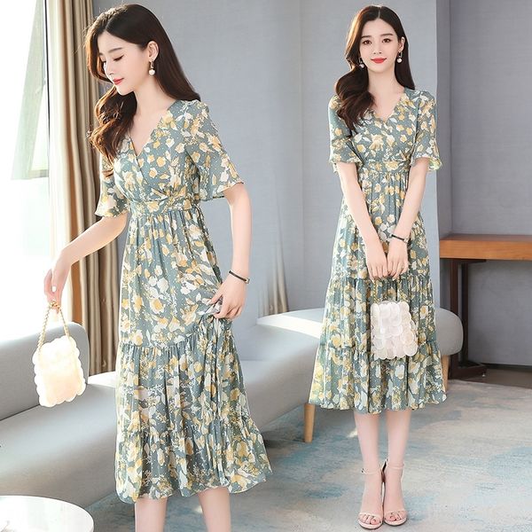 

kyzns dress women's summer new mother waist slimmiddle-aged style the chiffon skirt chiffon skirt dressed fairy spirit to cover with be, Black;gray