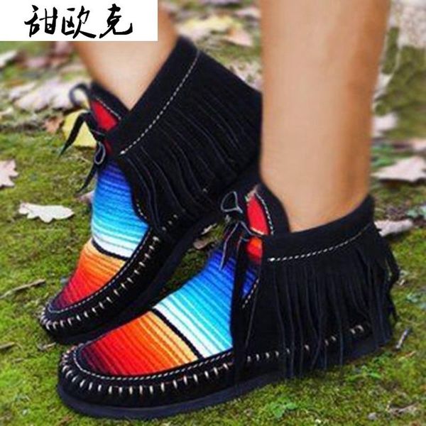 

2020 new winter tassel boots women flats ethnic lace up comfort retro ankle boots rivet sneakers women ladies 35-43, Black