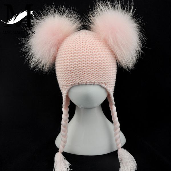 

kids pom fur pom real fur real winter crochet y200110 hat girls boys baby beanie double knitted two hat pompom for children earflap jqdsb, White;black