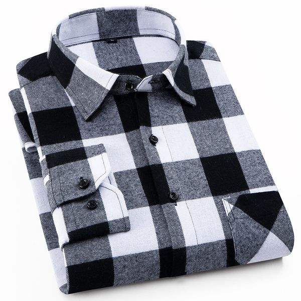 

100% cotton flannel men's plaid shirt slim fit male casual long sleeved shirts soft comfortable breathable 4xl lj200925, White;black